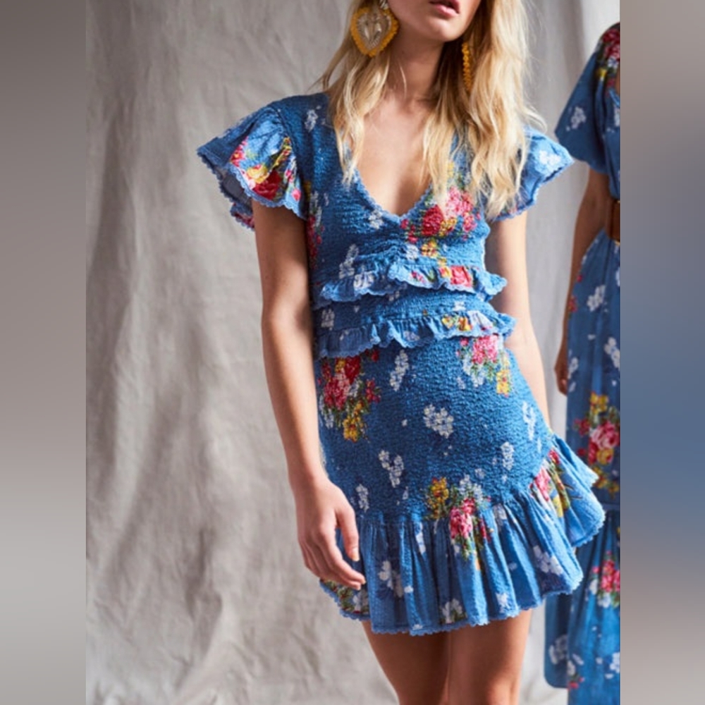 Loveshackfancy 🎀 Sonora Smocked Floral Blue Ruffle Dress S